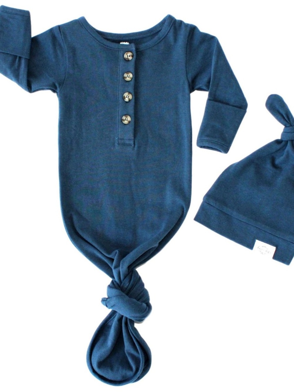 NWT! Organic Cotton Fawn & Foster Knotted Gown + Top Knot Hat — Navy — Newborn+